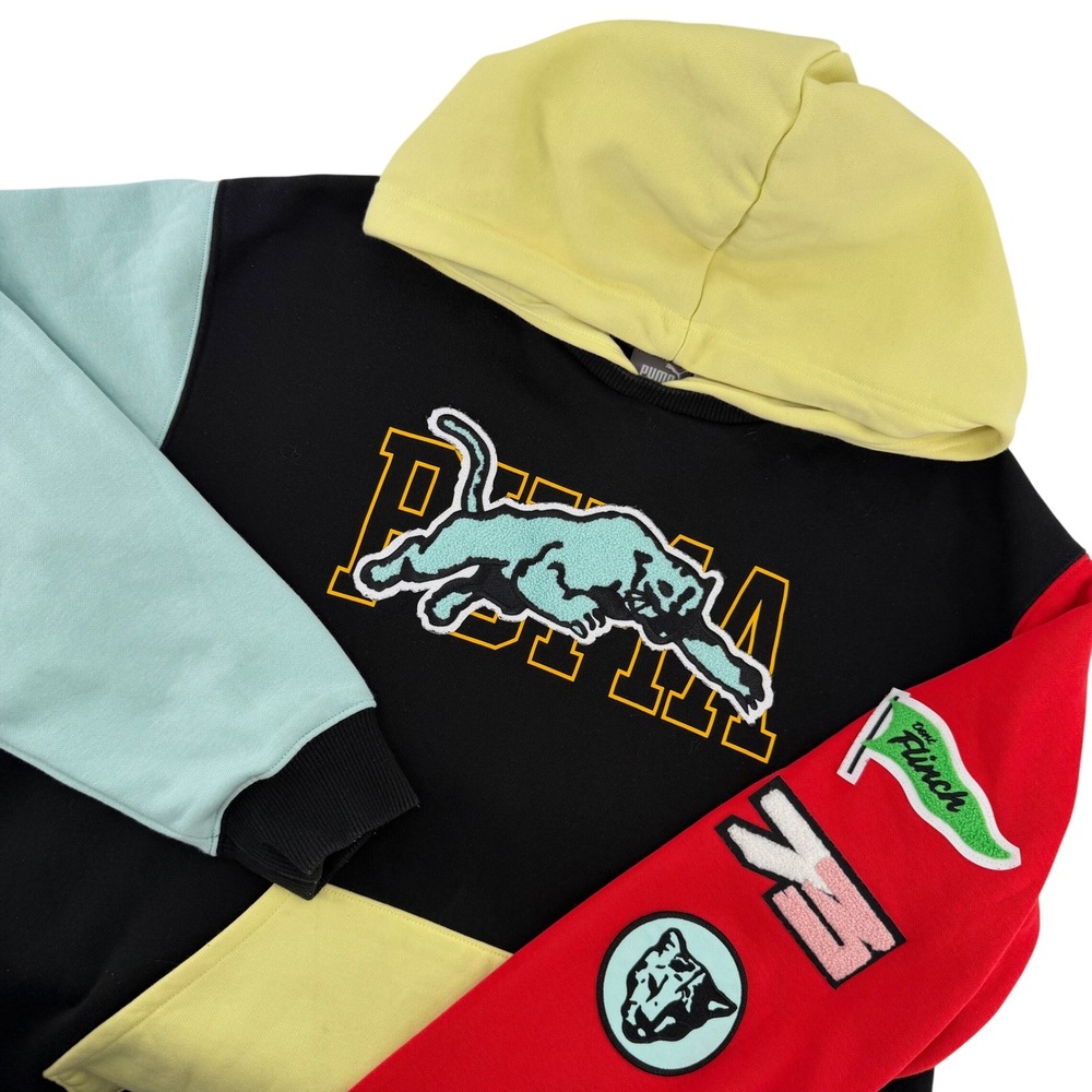 Puma‎ Colorblock Hoodie Mens Small Black Red Blue Yellow Chenille Patch Street